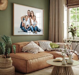 Family portrait in a frame displayed in a living room